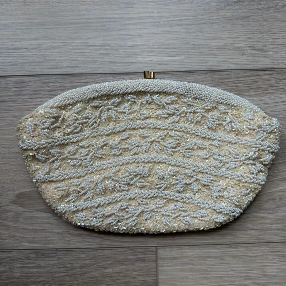 Cream Sequin Beaded Bag Clutch Purse Handmade Gold Chain Vtg 50s 60s